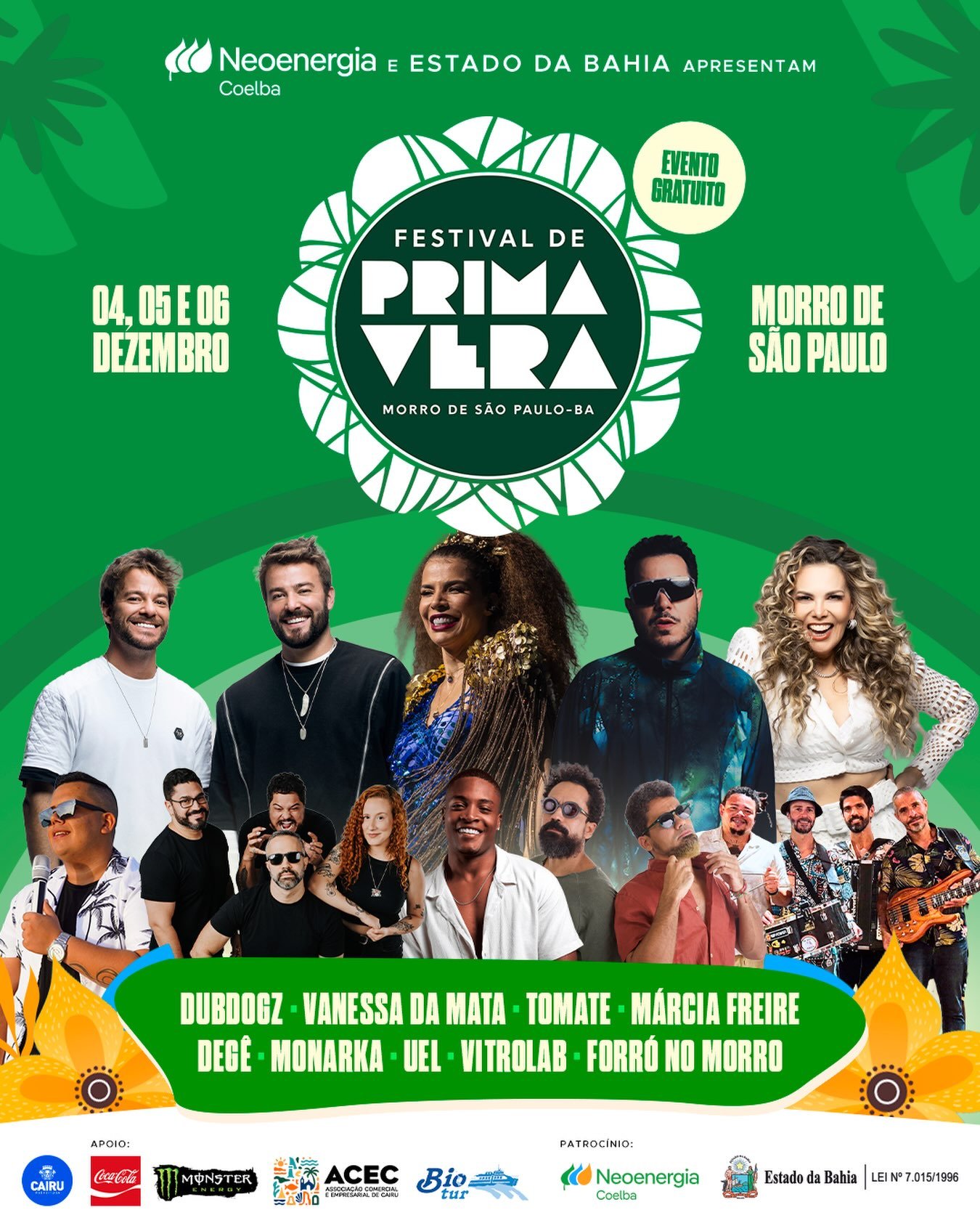 Cartaz oficial atualizado do Festival de Primavera, de 4 a 6 de dezembro de 2026, com nove atrações